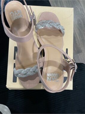 NYC Blush Braided Crystal-Accent Ankle-Strap Sandals